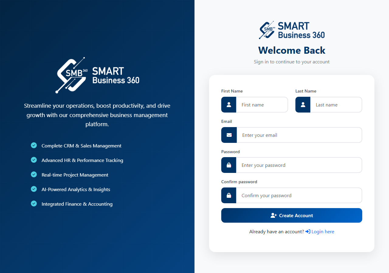 Smart Business 360 registration form with company and user fields